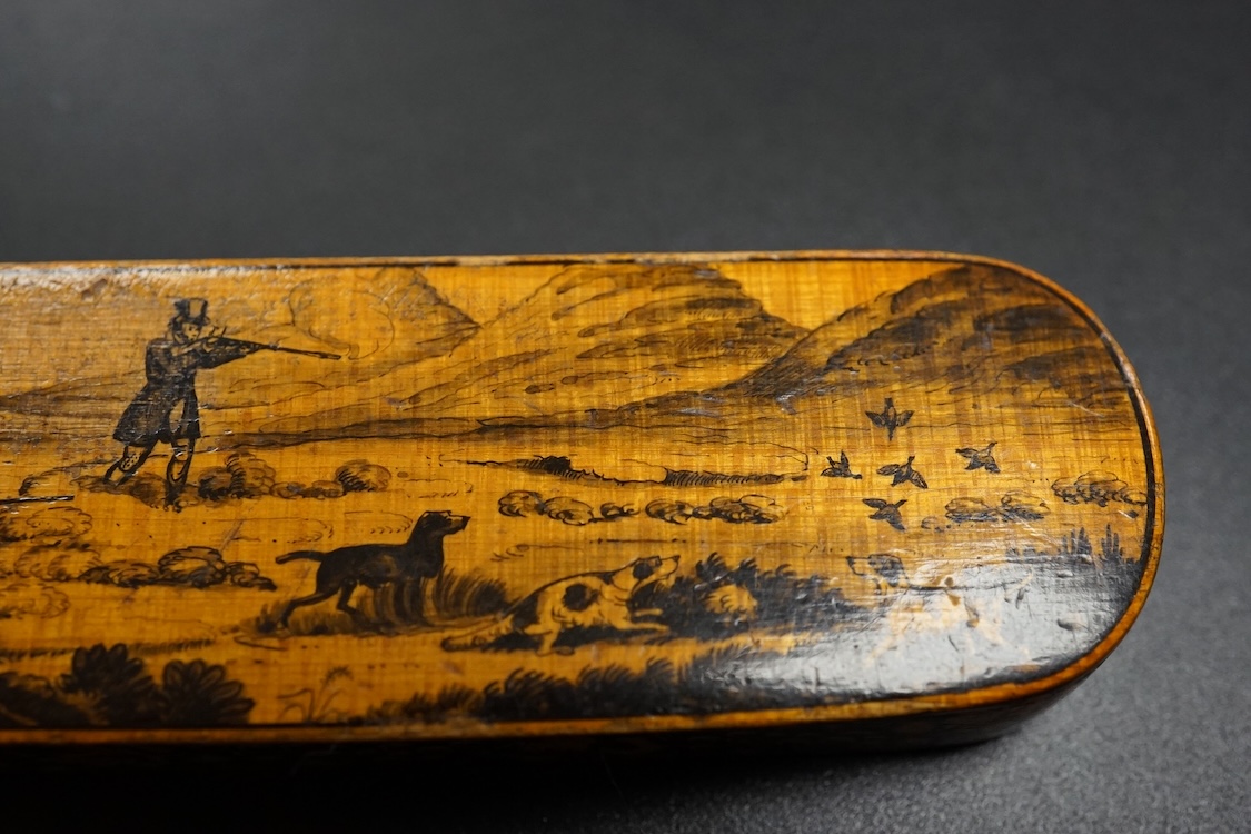 An early Mauchline ware penwork 'hunting' toothpick case, 7cm in length